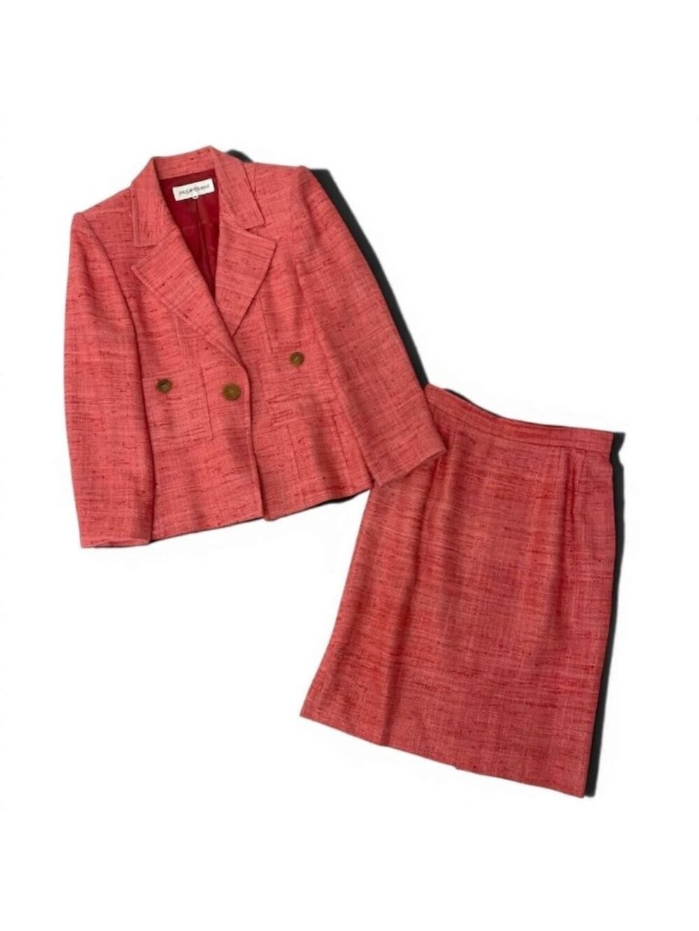 Saint Laurent Skirt Suit Tweed Jacket Knee Length Silk Set A3